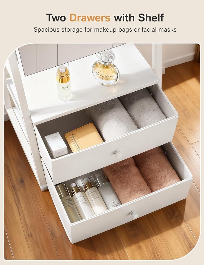 Nicetree Jewelry Cabinet Armoire, 2 Drawers, Full Length Mirror, Pure White | Standing Mirror Jewelry Cabinet, Lockable Jewelry Armoire with Mirror, Adjustable Angles, Easy Assembly, Gift Idea, HD Glass