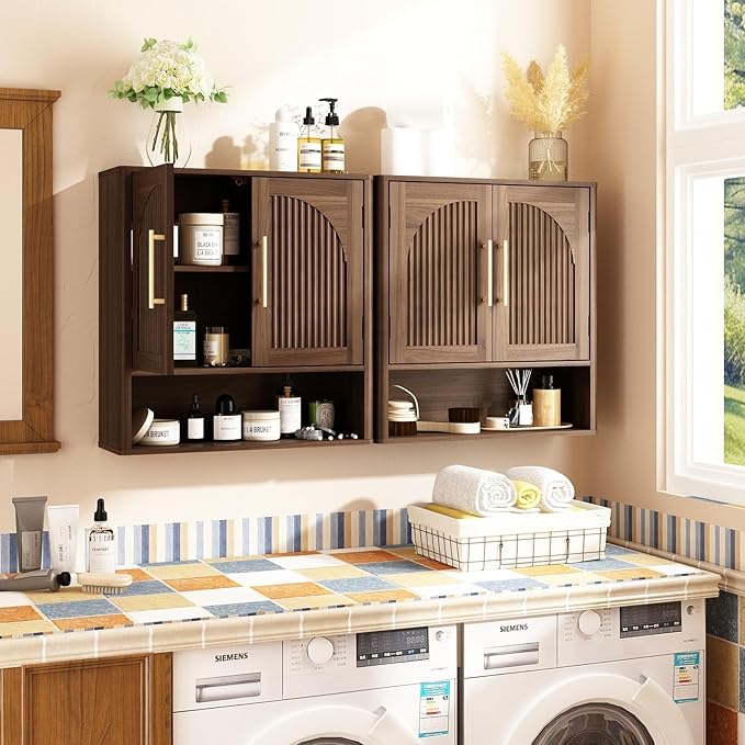 RUSTOWN Fluted Bathroom Wall Cabinet, Mid Century Modern Medicine Cabinet W/Adjustable Shelf & 2 Arched Doors, Over The Toilet Storage Cabinets for Laundry Room Kitchen Living Room, Dark Walnut