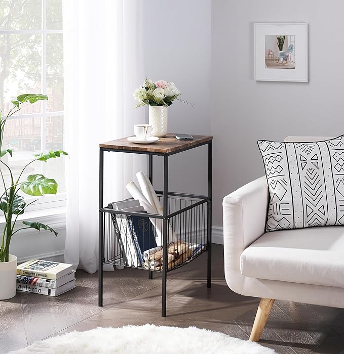 VECELO Tall End Table with Metal Basket,Nightstand with Shelf Storage Organizer, Wood Night Stand with Metal Frame, Waterproof for Bedroom, Living Room, Bathroom
