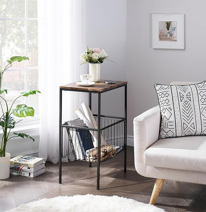 VECELO Tall End Table with Metal Basket,Nightstand with Shelf Storage Organizer, Wood Night Stand with Metal Frame, Waterproof for Bedroom, Living Room, Bathroom