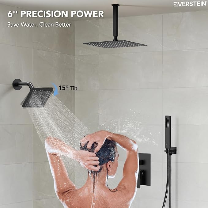 10" High-Pressure Rainfall Shower Faucet, Celling Mount Dual Shower Head System, Matte Black