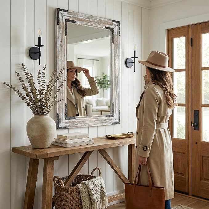 Distressed White 24x36 Inch Wood Bathroom Vanity Mirror, Rivets | Farmhouse style, beveled glass edge, layered whitewashed grain, single-sink bathrooms, dressers and entry consoles