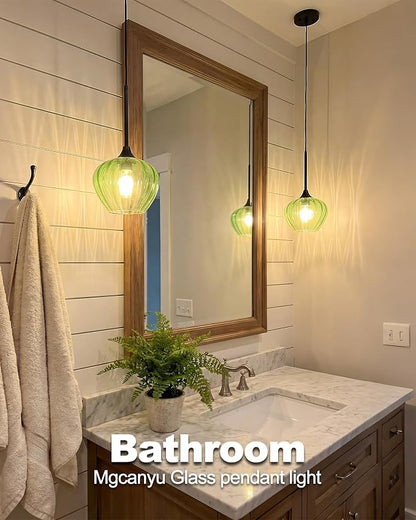 2-Pack Green Pendant Lights Kitchen Island, 7.7" Vintage Glass Pendant Lighting Fixtures Mini Hanging Light for Kitchen, Dining Room, Bathroom, Bedroom