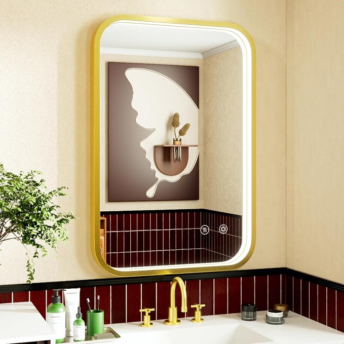 16x24 Inch Gold LED Bathroom Mirror with 3000K/4500K/6000K Lights | Stepless Dimmable, Memory Funtion, Anti-Fog, Aluminum Frame Wall Mounted Lighted Vanity Mirror, ETL Listed, IP54 Waterproof