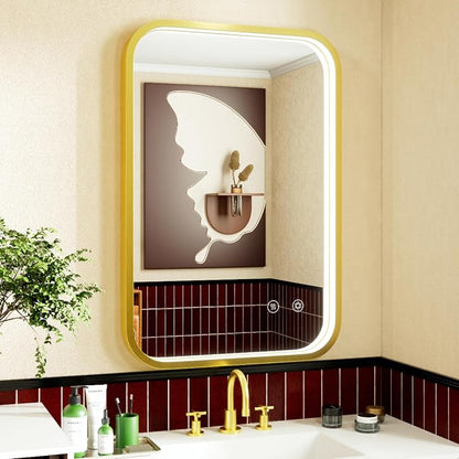 16x24 Inch Gold LED Bathroom Mirror with 3000K/4500K/6000K Lights | Stepless Dimmable, Memory Funtion, Anti-Fog, Aluminum Frame Wall Mounted Lighted Vanity Mirror, ETL Listed, IP54 Waterproof