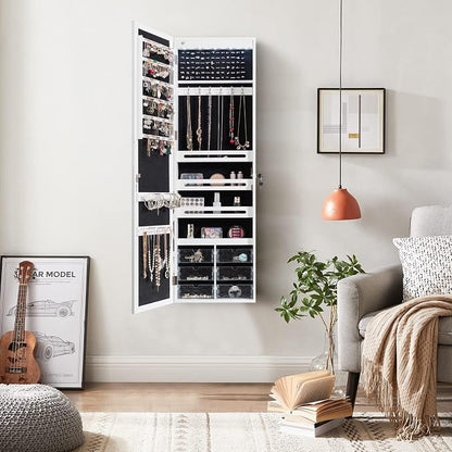Hanging Jewellery Cabinet, Sail Cabinet with LED Lighting, Mirror and 6 Drawers, Wall Cabinet for Door and Wall Mounting, Jewellery Cabinet for Jewellery & Cosmetics Storage, White