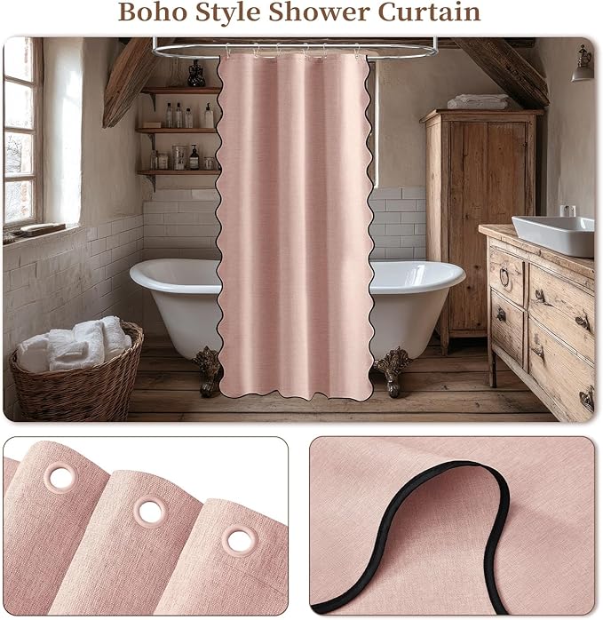 BTTN Boho Stall Shower Curtain, 36x72 Scalloped Linen Textured Heavy Duty Fabric Shower Curtain Set with 6 Plastic Hooks, Half Cute Modern Waterproof Cloth Shower Curtains for Bathroom, Blush Pink
