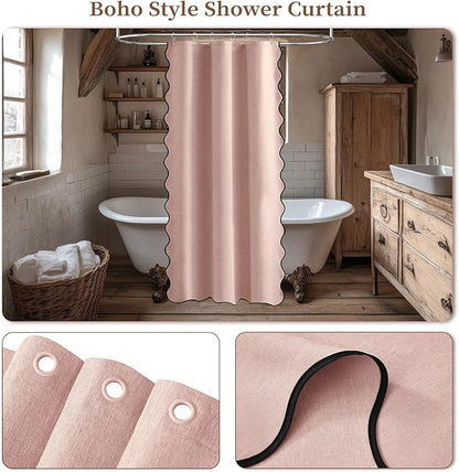 BTTN Boho Stall Shower Curtain, 36x72 Scalloped Linen Textured Heavy Duty Fabric Shower Curtain Set with 6 Plastic Hooks, Half Cute Modern Waterproof Cloth Shower Curtains for Bathroom, Blush Pink