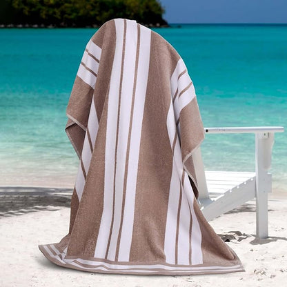 Superior Oversized Cotton Beach Towel Set of 4, Absorbent Towels for Bathroom, Beach, Pool, Swim, Adults, Kids, Vacation, Travel, Bath Sheet, Quick Dry Basics, Trip Essentials, Striped Decor, Taupe