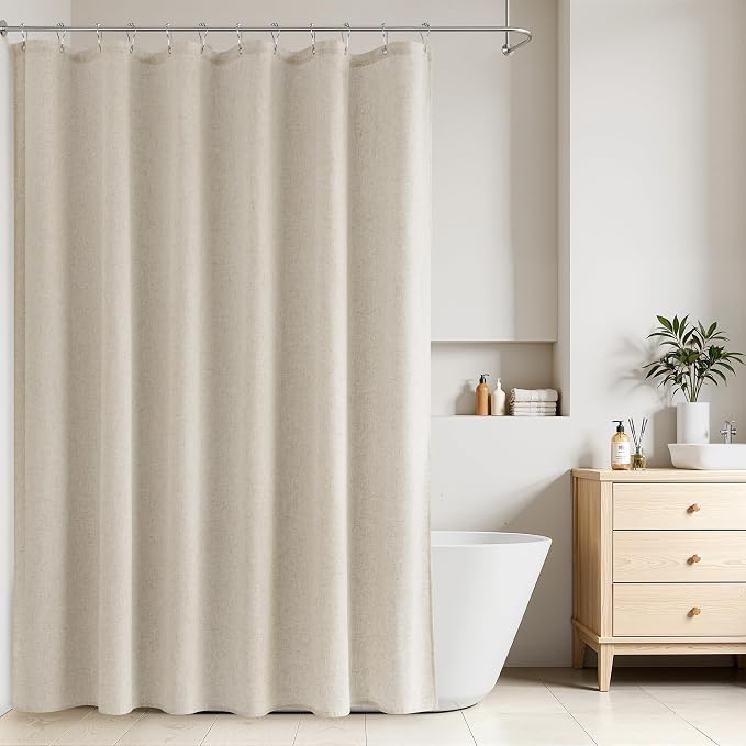 Linen Shower Curtain 72 Inch Long for Bathroom Boho Farmhouse Fabric Shower Curtains Set with Hooks Neutral Cloth Modern Cottage Core Waterproof 72x72,Vanilla