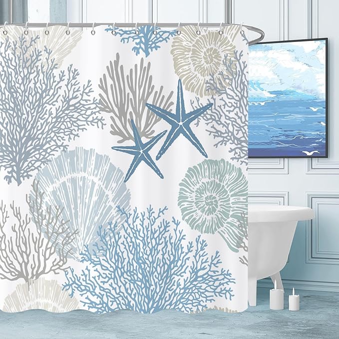 Nautical Coastal Shower Curtain, Blue Ocean Beach Seashell Starfish Themed Bathroom Curtain Waterproof Fabric Machine Washable with Hooks, 65" Wx72 L