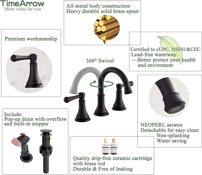 Matte Black 8 inch Widespread Bathroom Sink Faucet 3 Holes with Pop-Up Drain, 2 Handle Modern Bathroom/Vanity/Lavatory Faucet with Brass 360° Swivel Spout, TAF830Y-MB