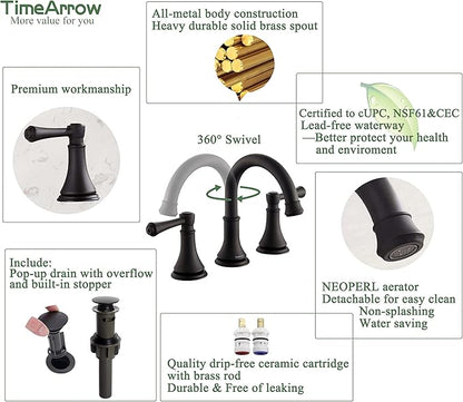 Matte Black 8 inch Widespread Bathroom Sink Faucet 3 Holes with Pop-Up Drain, 2 Handle Modern Bathroom/Vanity/Lavatory Faucet with Brass 360° Swivel Spout, TAF830Y-MB