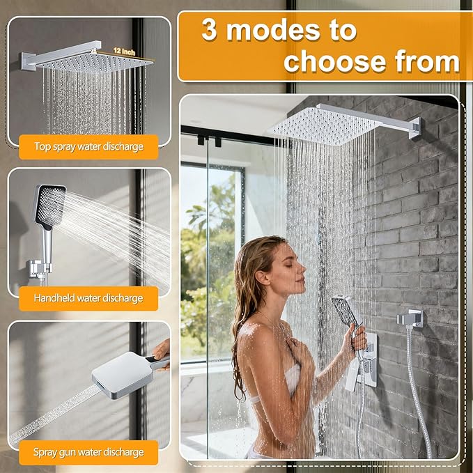 Shower System Modern Rain Brass Faucet Set With Valve and Diverter Shower Mixer With Handheld High Pressure Square Rainfall Shower Valve (12'' Wall Mount, Chrome Polished)