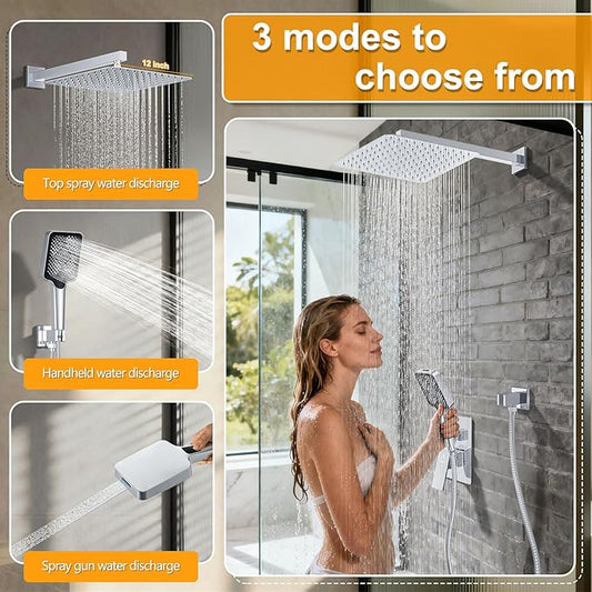 Shower System Modern Rain Brass Faucet Set With Valve and Diverter Shower Mixer With Handheld High Pressure Square Rainfall Shower Valve (12'' Wall Mount, Chrome Polished)
