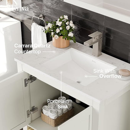 Eviva London 30 in. White Single Sink Bath Vanity with Carrara Quartz Top and Undermount Porcelain Sink