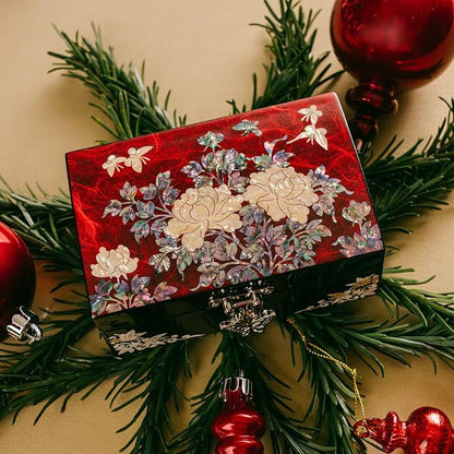 February Mountain Korean Mother of Pearl Jewelry Box – Red Floral Peony Design with Butterfly Clasp, Removable Velvet Tray – Christmas Gift for Women, Birthday, Anniversary, Keepsake Storage