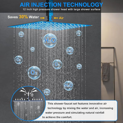 Shower Faucet Set, 12" Ceiling Mount Rainfall Shower System with 2 Rain Shower Head and Multi-function Handheld Head Push Button Diverter Shower Faucet Trim Kit (12", Oil Rubbed Bronze)