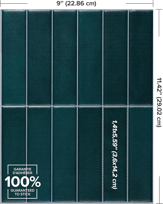 Smart Tiles Peel and Stick backsplash, Stacked Deep Teal, 11.43"x9" | Pack of 5 (3.5 sq ft), Matte, Heat/Moisture Resistant, Low VOC, Kitchen/Bathroom, Renter Friendly, Made in Canada