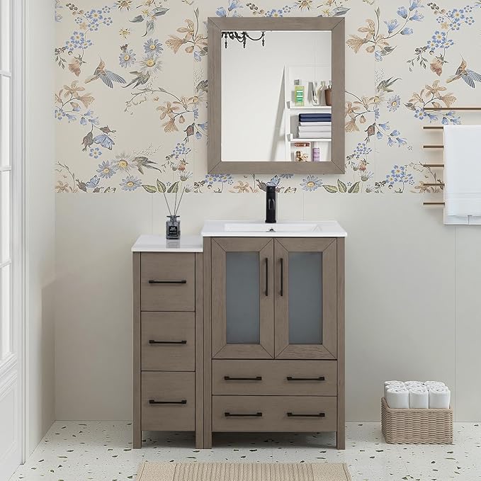 HOMEBEYOND 36 Inch Modern Bathroom Vanity with Sink & Mirror, Single Vanity Cabinet with Basin and Mirror, Dove-Tailed Drawers, Soft-Closing Doors, Wood, Driftwood Gray
