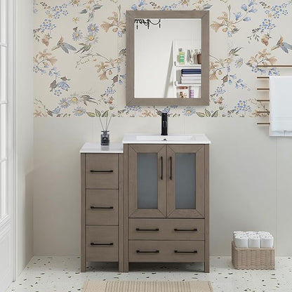 HOMEBEYOND 36 Inch Modern Bathroom Vanity with Sink & Mirror, Single Vanity Cabinet with Basin and Mirror, Dove-Tailed Drawers, Soft-Closing Doors, Wood, Driftwood Gray