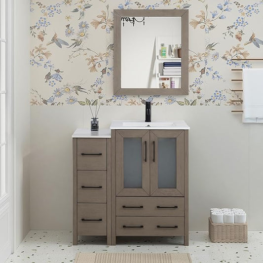 HOMEBEYOND 36 Inch Modern Bathroom Vanity with Sink & Mirror, Single Vanity Cabinet with Basin and Mirror, Dove-Tailed Drawers, Soft-Closing Doors, Wood, Driftwood Gray