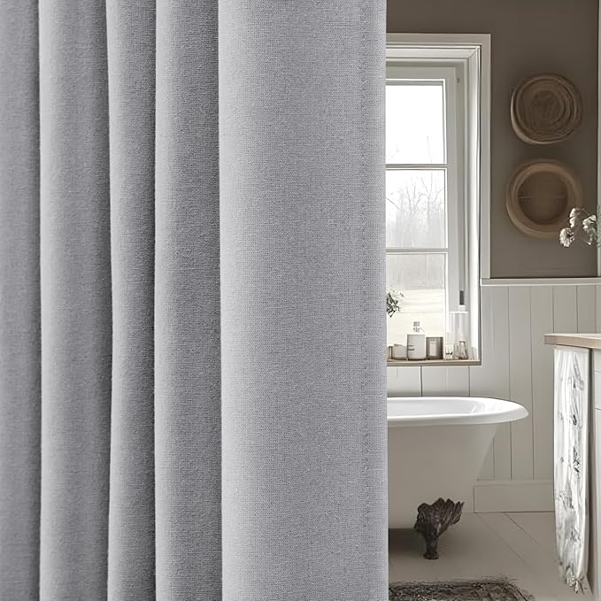 Linen Shower Curtain Grey, Fabric Boho Farmhouse Shower Curtains for Bathroom Cotton Natural Cloth Liner Set 72" W x 72" L