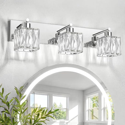 VOLISUN Chrome Bathroom Light Fixtures, Modern Stainless Steel Bathroom Lighting Fixtures Over Mirror, 3 Light Bathrooms Vanity Light, Crystal Vanity Light for Bathrooms-UL Certificated(Exclude Bulb)