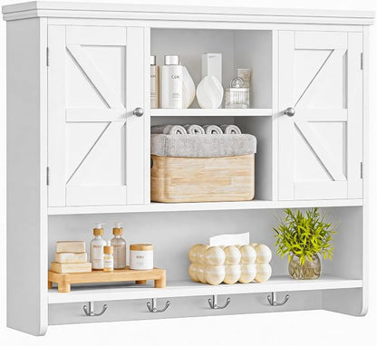 Bathroom Wall Cabinet with Doors and Hooks, 3-Tier Wall Mounted Cabinet | Farmhouse Medicine Cabinet with 3 Open Shelves, Over the Toilet Storage Cabinet for Kitchen, Laundry Room, Living Room, White
