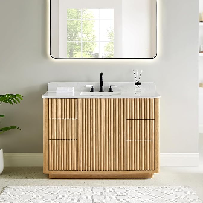 48 Inch Bathroom Vanity with Sink Modern Pedestal Single Vanities with Top | Pre-Assembled, Backsplash Included, Sturdy Solid Wood, Large Storage Cabinet, Soft Closing Doors, Dovetail Drawers