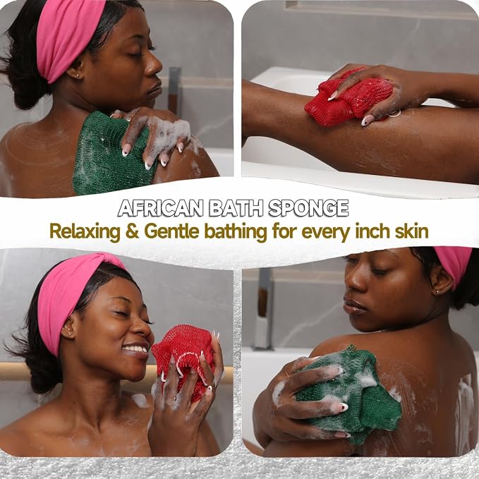 Authentic African Net Sponge, 2 Pack 45-Inch Exfoliating Bath Sponge and Shower Loofah for Body and Back, Colorfast Quick-Dry Knotted Mesh Scrubber with Travel Pouch(Red & Green)