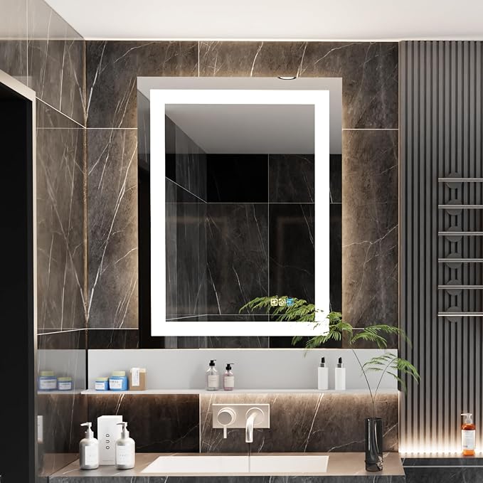 18 * 24inchesLED Mirror, Smart Bathroom Mirror with Lights, Anti-Fog, Tempered Glass, 3 Colors Dimmable, Front and Backlit, CRI 90+, Wall Mounted, Memory