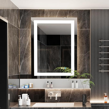 18 * 24inchesLED Mirror, Smart Bathroom Mirror with Lights, Anti-Fog, Tempered Glass, 3 Colors Dimmable, Front and Backlit, CRI 90+, Wall Mounted, Memory