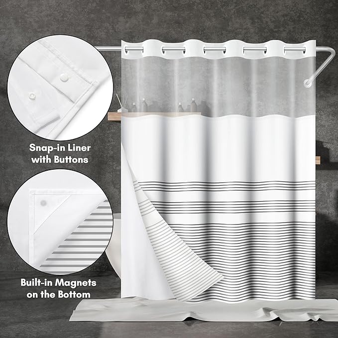 Americanflat 72x75 Hookless Shower Curtain - Water-Resistant Striped Shower Curtain with Sheer Panel, Snap-in Liner, and Durable Grommets - 100% Polyester - Black and White