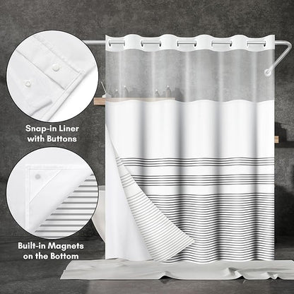 Americanflat 72x75 Hookless Shower Curtain - Water-Resistant Striped Shower Curtain with Sheer Panel, Snap-in Liner, and Durable Grommets - 100% Polyester - Black and White