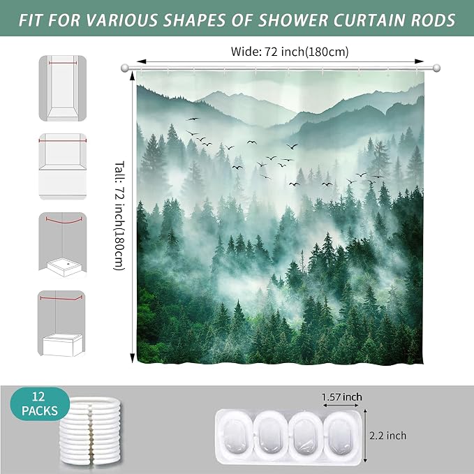 Green Misty Foggy Forest Mountain Shower Curtain for Bathroom 72W*72H Inch Nature Tree Woodland Bathtub Decor Pine Tree Natural Country Cool Masculine Aesthetic Waterproof Polyester Fabric