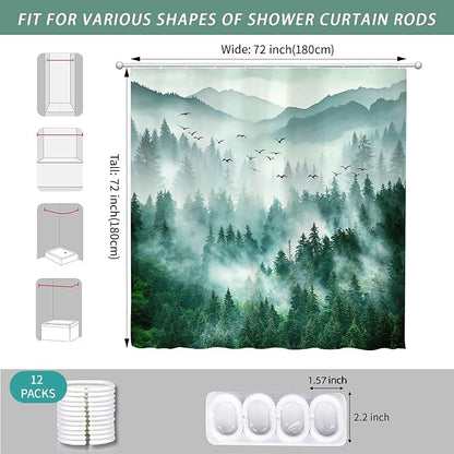 Green Misty Foggy Forest Mountain Shower Curtain for Bathroom 72W*72H Inch Nature Tree Woodland Bathtub Decor Pine Tree Natural Country Cool Masculine Aesthetic Waterproof Polyester Fabric
