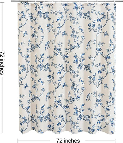 MitoVilla Navy Blue Boho Shower Curtain Set, Cotton Floral Cottagecore Spring Shower Curtains for Bathroom, Modern Farmhouse Country Plant Leaves Bathroom Décor, 72" W x 72" L