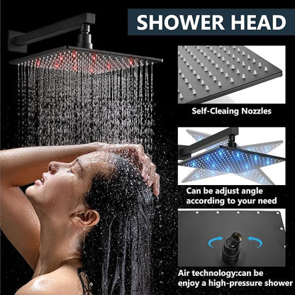 Aolemi Shower Faucet Set with Valve Handheld 10" LED Head Matte Black | Handheld Spray,10 Inch Rain LED Head,Valve and Trim Kit,All Metal,Wall Mount Shower System,Bathroom Mixer