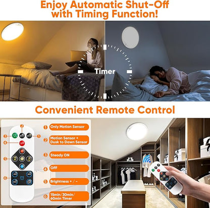 Rechargeable Motion Sensor Ceiling Light, 12000mAh Battery Closet Light | 12" Wireless Battery Powered LED Shower Light, Magnetic Cordless Ceiling Light with Remote, Overhead Lamp for Pantry Hallway
