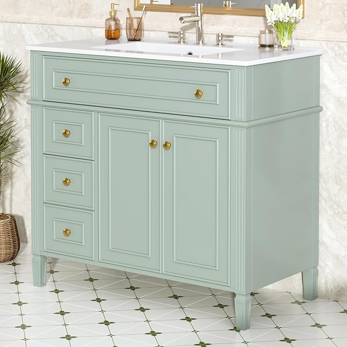 36" Bathroom Vanity Cabinet with Ceramic Countertop Sink Combo Set, Solid Wood Frame, Tilt-Out Drawers and Left Side Drawers, Soft Closing Door Hinges, Modern Style, Green