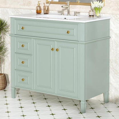 36" Bathroom Vanity Cabinet with Ceramic Countertop Sink Combo Set, Solid Wood Frame, Tilt-Out Drawers and Left Side Drawers, Soft Closing Door Hinges, Modern Style, Green