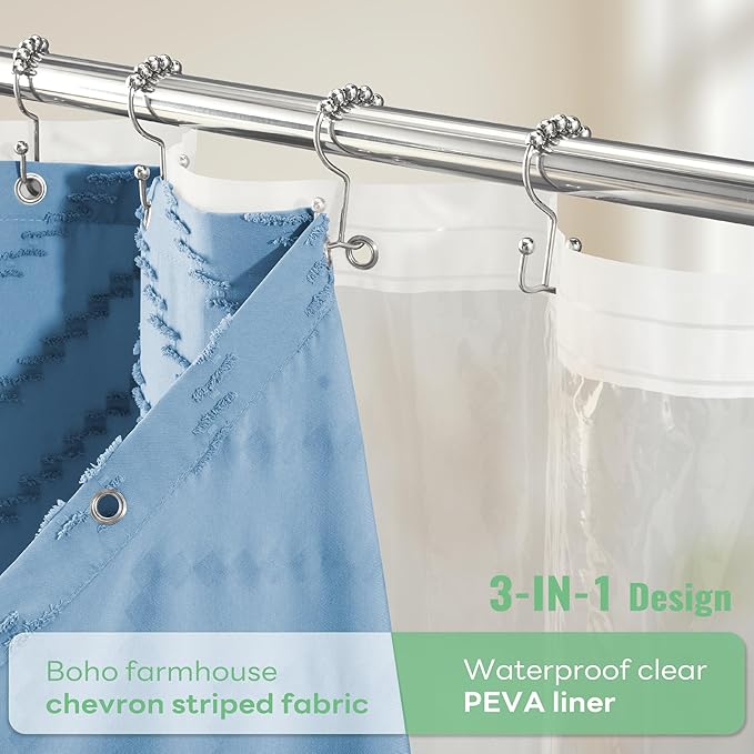 Dynamene Extra Long Shower Curtain and Liner Set - 84 inch Tall Shower Curtain and Waterproof Clear Liner, Tufted Chevron Striped Tassel Shower Curtains for Bathroom, 12 Hooks, 72x84, Moonlight Blue