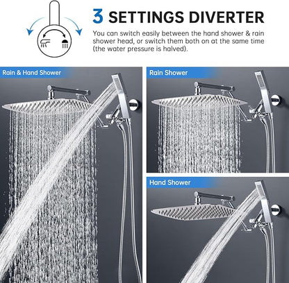 G-Promise All Metal 16 Inches Rainfall Shower Head with Handheld Combo | All Metal, Built to Last, Easy Install, Adjustable Height & Angle for All Heights, Extra Long Hose, Modern Upgrade