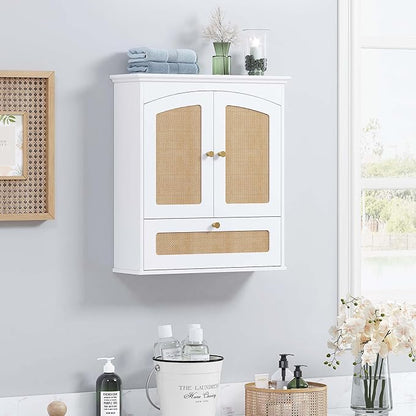 Spirich Bathroom Cabinet Wall Mount, Boho Medicine Cabinet for Bathroom, Over The Toilet Storage Cabinet with Rattan Doors and Tilt-Out Cube