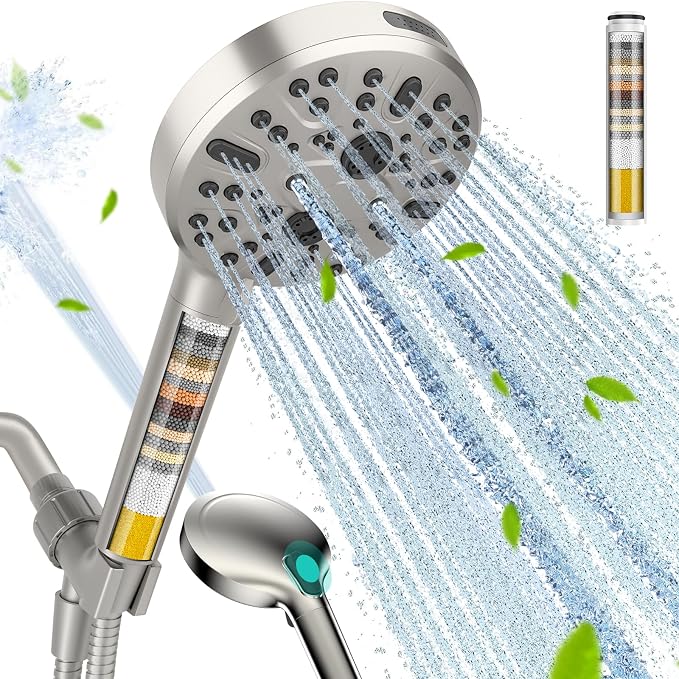 Filtered Shower Head with Handheld - High Pressure 9 Spray Modes Showerhead with 16-Stage Water Softener for Hard Water - Purifying Detachable Hand Held Shower Head, Brushed Nickel