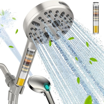 Filtered Shower Head with Handheld - High Pressure 9 Spray Modes Showerhead with 16-Stage Water Softener for Hard Water - Purifying Detachable Hand Held Shower Head, Brushed Nickel