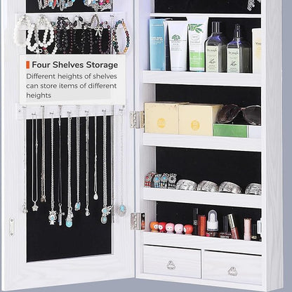 GISSAR Full Length Mirror Jewelry Cabinet, 6 LEDs Jewelry Armoire Wall Mounted Over The Door Hanging, Jewelry Organizer Storage with Lights Lockable White