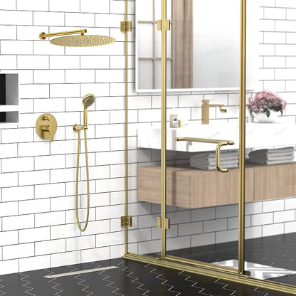 SR SUN RISE Shower Faucet - 16 Inch Multifunctional High Pressure Shower Head System with Handheld Shower Head Fixtures - Valve Included - Brushed Gold