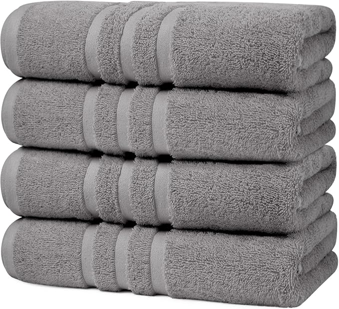 Velqora Bath Towels, 4 Pack, 30x60 in, 100% Cotton, Soft, Light Gray | Absorbent Terry | Balanced Weight | Easy Care